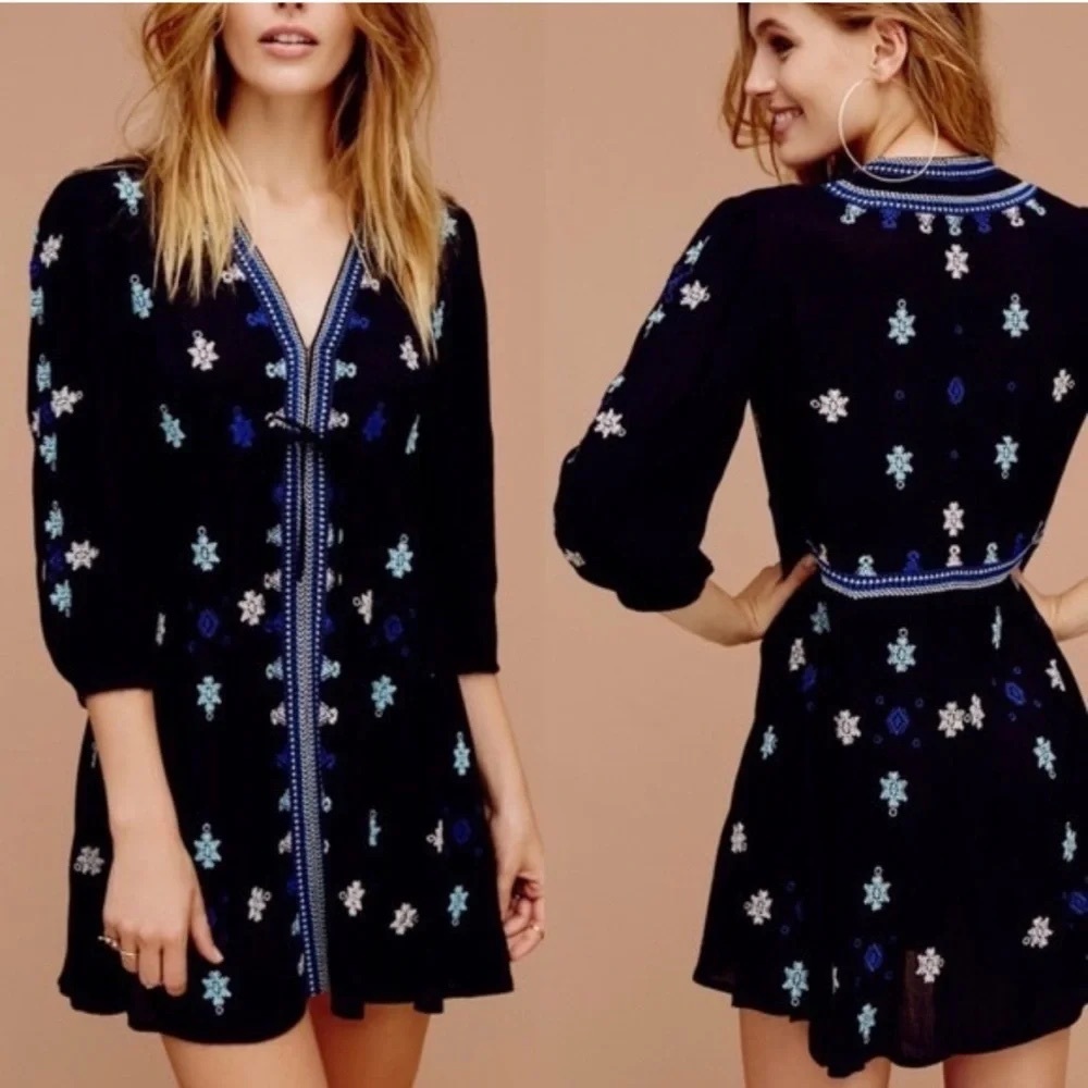Free People Stargazer Embroidered Tunic Dress - Celestial Boho - Size L